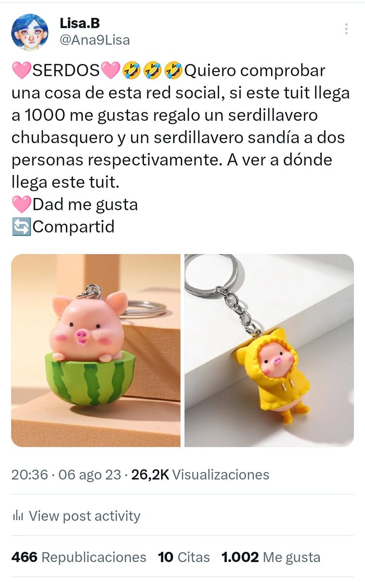 Lo habéis conseguido 😂😂😂😂 1002  me gustas a SERDI LLAVEROS 🩷🐽🩷, que sepáis que voy a entrar en los me gustas y retuits y voy a elegir dos personas, una se llevará la sandía y otra  chubasquero. Jijijijiji si queréis ganar puntos extras dejadme un comentario por aquí 👇