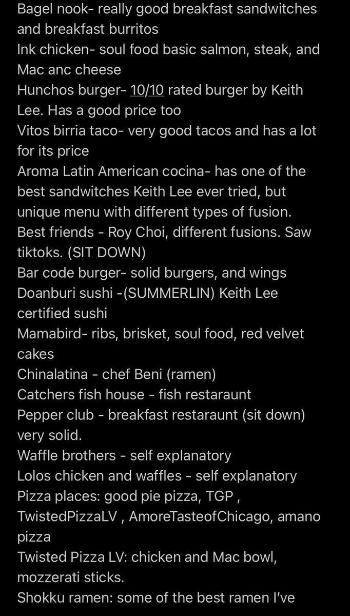 Swervinlmao's tweet photo. If you are going to twitch Vegas 2023 these are the tiktok reviewed (including Keith Lee) food spots you have to try! Did the research so y’all don’t have to! https://t.co/LlJK9oZuIs