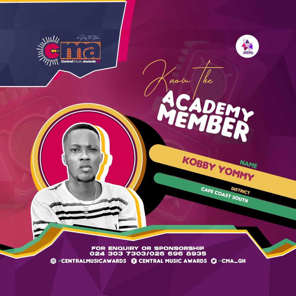 Introducing <a href="/YommyKobby/">KObby YOmmy</a>, our new academy member representing CAPE COAST SOUTH for Central Music Awards 2023 

NB: Entries for nomination open on Monday, 28th August 2023. 

The <a href="/CMA_Gh/">𝐂𝐞𝐧𝐭𝐫𝐚𝐥 𝐌𝐮𝐬𝐢𝐜 𝐀𝐰𝐚𝐫𝐝𝐬 2025</a> is powered by <a href="/heritagepromogh/">Heritage Promotions</a> 

#CMA23 #PlayTheMusic