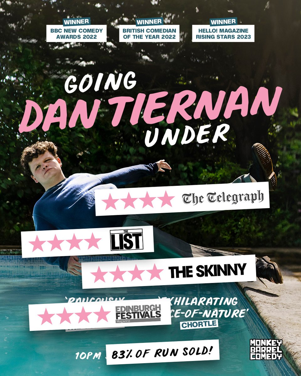 'A thrilling ride' ★★★★ - @Telegraph 'Set for stardom' ★★★★ - @thelistmagazine 'Impeccably tight' ★★★★ - @theskinnymag 'High-energy stand-up' ★★★★ - @EdFestMag Not a bad start for @tiernancomedian! Catch Dan at @BarrelComedy every night at 10pm (not 14th).