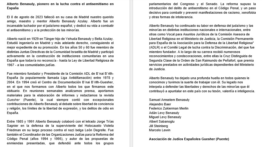 guesher_ES's tweet photo. 🔘Obituario de la Asociación de Judíos Españoles Guesher (Puente) por el fallecimiento de nuestro amigo, maestro y mentor Alberto Benasuly Azulay, pionero de la lucha contra el antisemitismo en España 👇 https://t.co/LsF3Bd0vb3