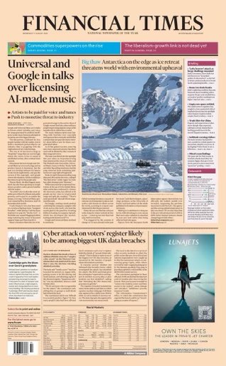 Madhumita Murgia’s front page scoop in the FT today: Universal Music and Google in talks about licensing the voices and music of their artists, so Google users can make their own AI-generated music in the style of Taylor Swift or Elvis singing, eg, a famous Drake song, using AI.