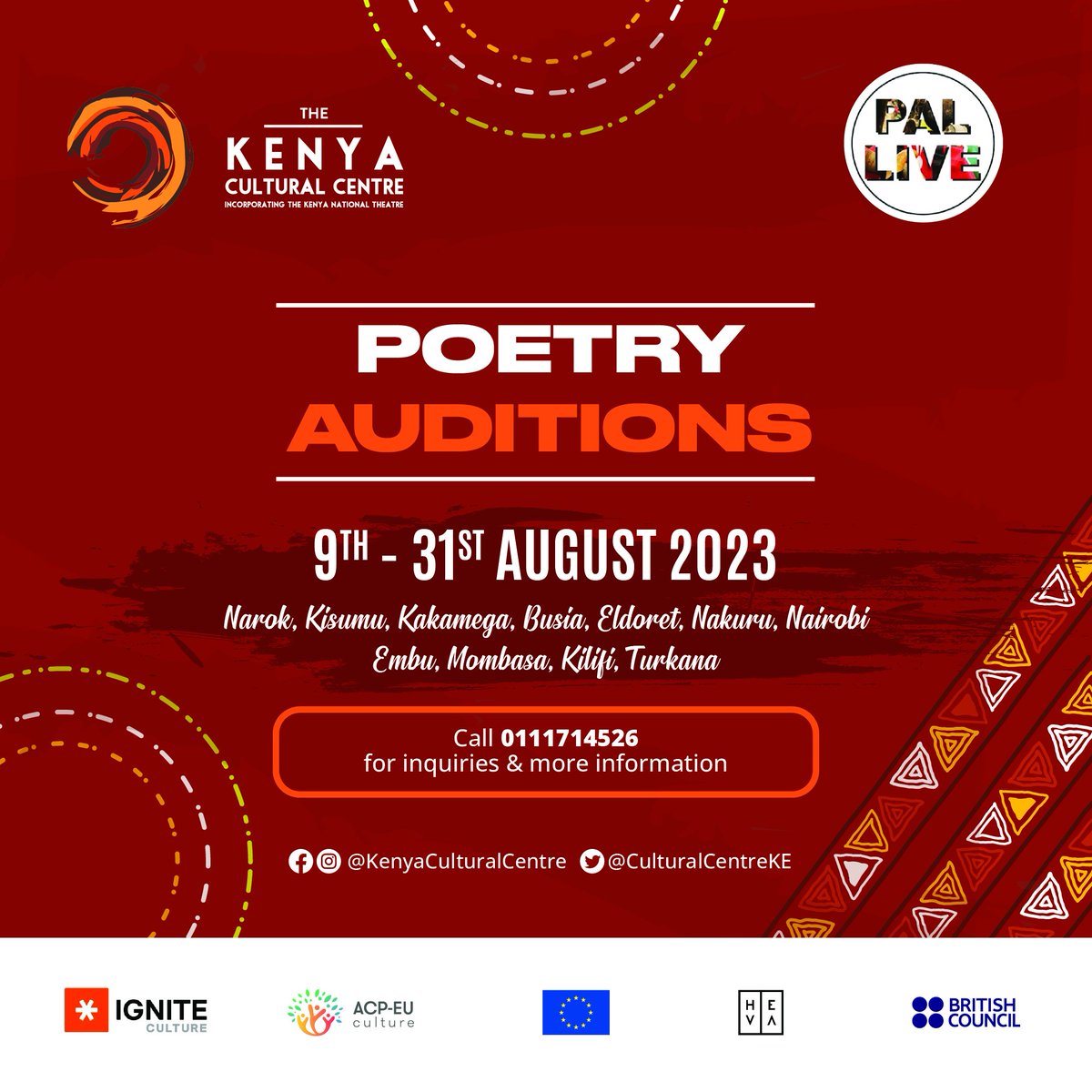 CultureCentreKE's tweet photo. Good afternoon, Kenya Cultural Centre is in the next phase of the Poetry Theatre Development Project. Physical auditions for participants who will proceed for training and mentorship will begin tomorrow in Narok at William Olentimama Stadium
@ignite_ea
#nurturingtalents https://t.co/Vy1qAsstaT