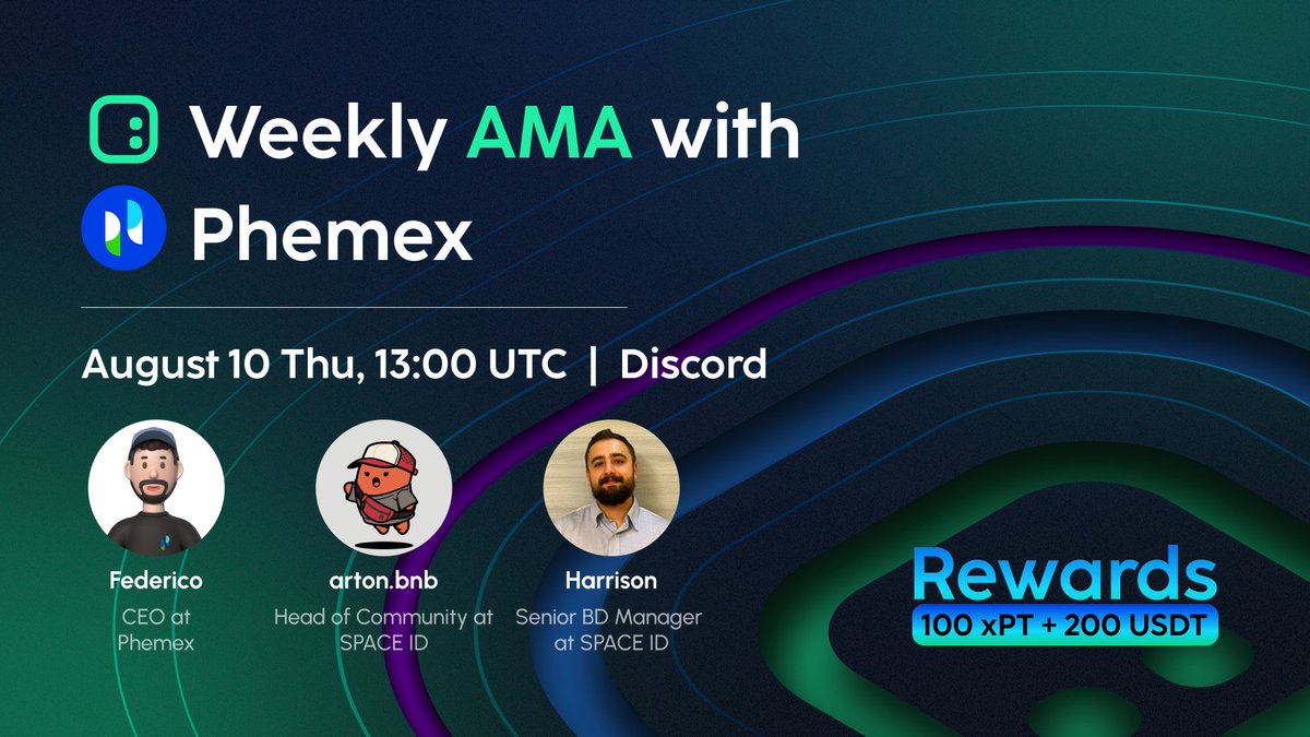Get ready for an in depth SPACE ID Weekly AMA on Discord with our integration partner <a href="/Phemex_official/">Phemex</a>! 🔭

Tune in for at least 15 min &amp; have a chance to share 100 $xPT + 200 $USDT.

Event: galxe.com/spaceid/campai…

Time: 8/10 1PM UTC