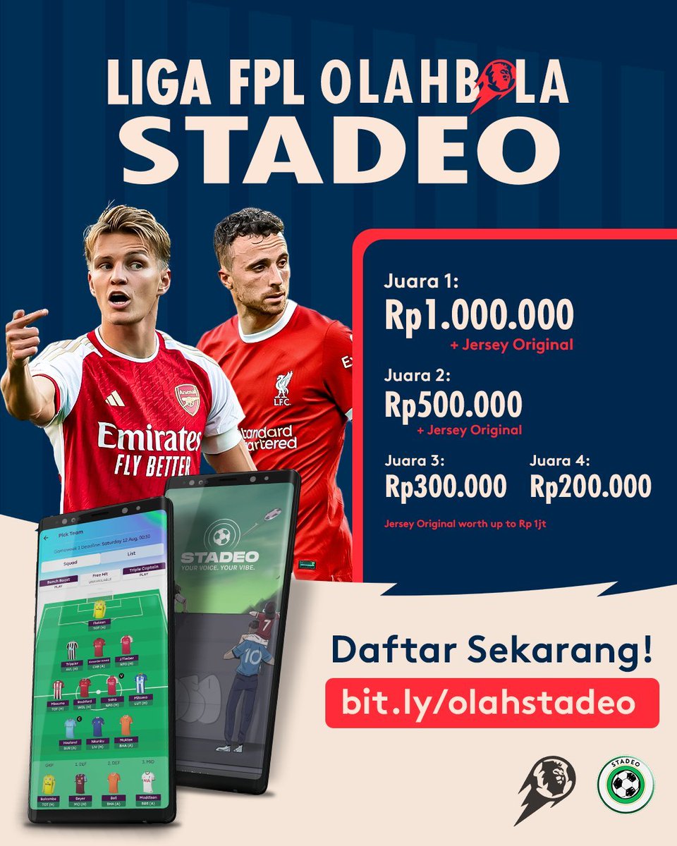 🚨 H-3 Kick-off FPL 🚨

Syarat Join:
1. Download Aplikasi Stadeo
2. Isi form disini bit.ly/olahstadeo
3. Kode liga akan muncul di halaman terakhir Google Form
4. Bantu RT dan Like twit ini

Lumayan banget syarat gampang dan hadiahnya oke, yuk join ke Liga Olahbola bersama
