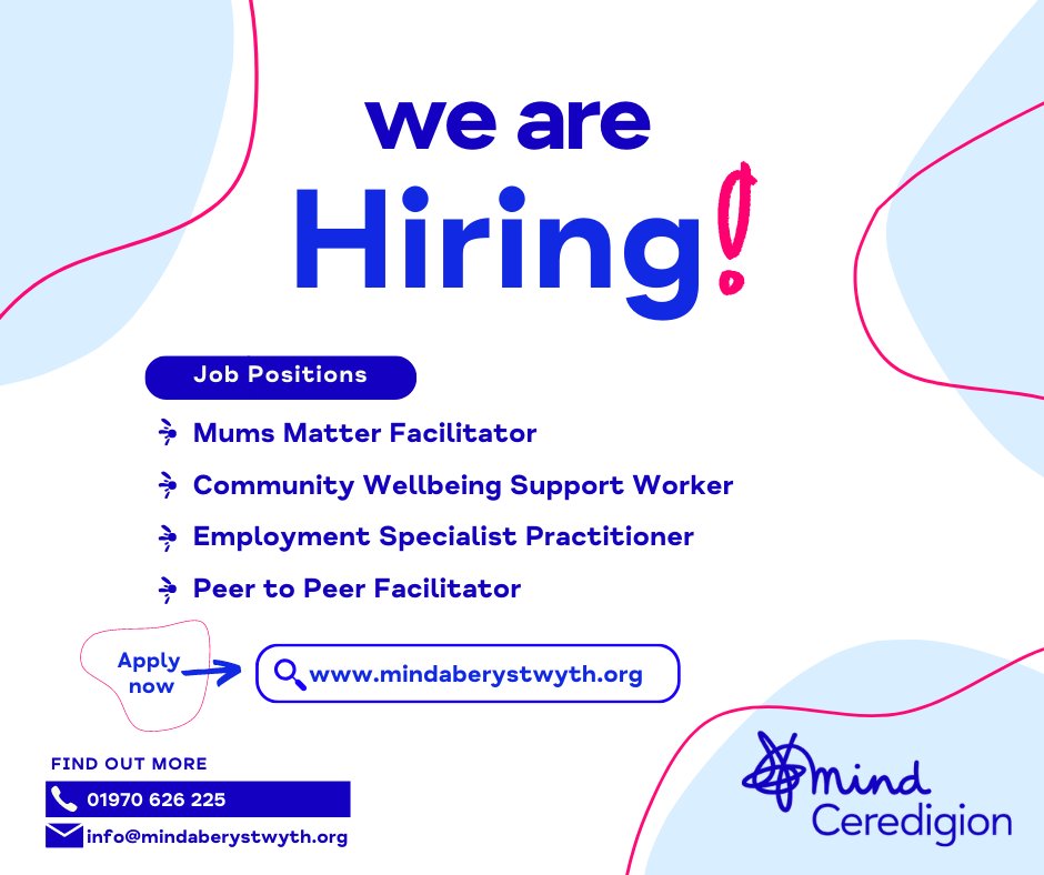 We Are Hiring!!
Interested in joining our hardworking team? Take a look at the vacant positions available at Mind Aberystwyth below.
For more information, please visit our website mindaberystwyth.org/vacancies-2/