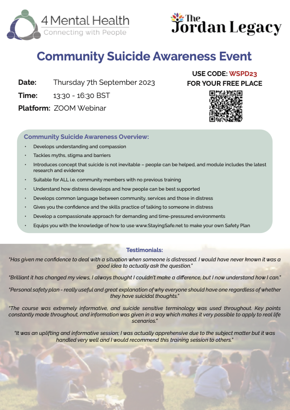Great to be collaborating with <a href="/jordanlegacyUK/">The Jordan Legacy</a> as we deliver our 'Community Suicide Awareness' module for #WorldSuicidePreventionDay 💜...register early for a free place!
<a href="/4_MentalHealth_/">4MentalHealth</a> <a href="/NHSEngland/">NHS England</a> <a href="/JFinchSaunders/">Janet E Finch-Saunders</a>