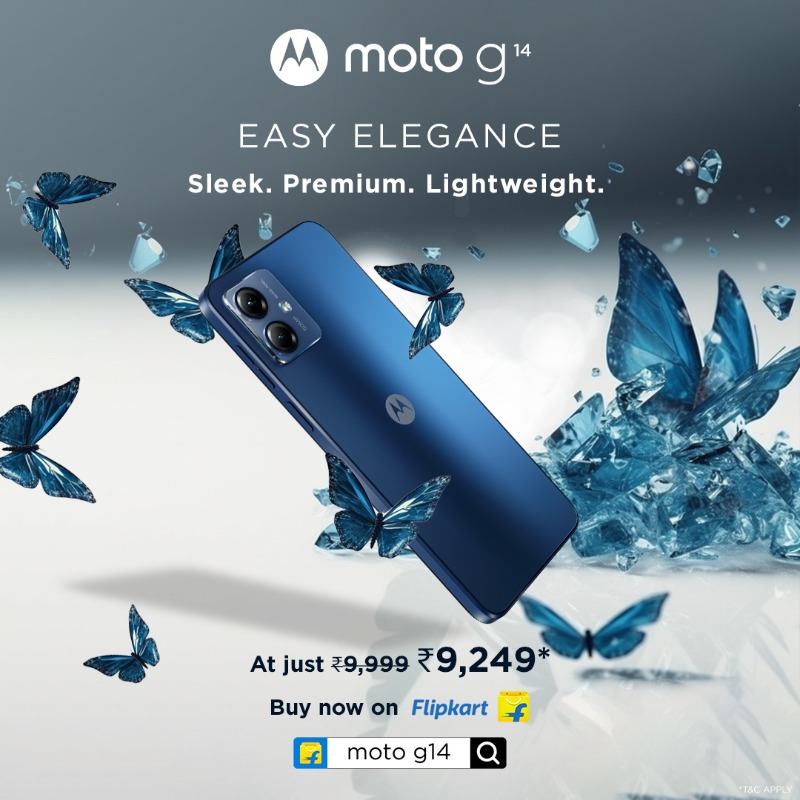 motorolaindia's tweet photo. Made using high-quality materials, the slim and stylish #motog14 exudes class. Its 7.99mm Slim and 177gm Light design redefines style. Get it at just ₹9,249 on @flipkart, https://t.co/azcEfy2uaW and at leading retail storest. #HatkeStyle #HatkeEntertainment