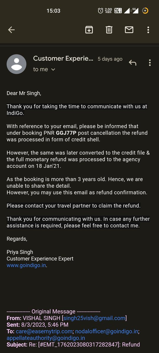 vishsingh0's tweet photo. @EaseMyTrip From the latest update received from the @IndiGo6E team, they have sent you my refund for the PNR GGJ77P on 18 Jan 2021. When are you going to refund the same amount back to my account? https://t.co/Dty2RKMxOC
