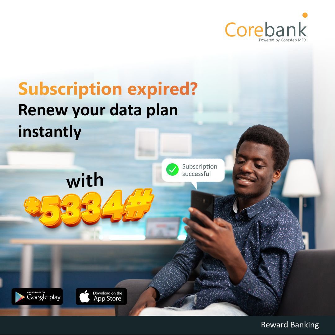 CoreBankNG's tweet photo. Don’t get disconnected from your online community ! Renew your subscription instantly with *5334#

#5334 #ussd #ussdcode #unique #uniquecode #data #datasubscription #cable #cablesubscription #corebank #corestepmfb #rewardbanking https://t.co/JSj1QjZBvx