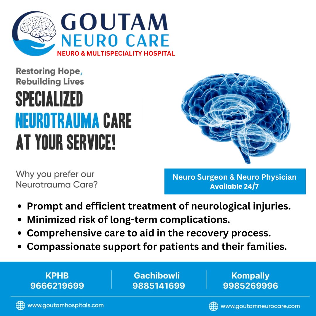 👉Goutam Neuro Care is dedicated to providing specialized care for patients facing neurotrauma. Our neurosurgical team is adept at managing a wide range of traumatic brain and spinal cord injuries.
#BrainInjurySupport #NeuroRehabilitation #HeadInjuryHelp #TraumaticBrainInjury