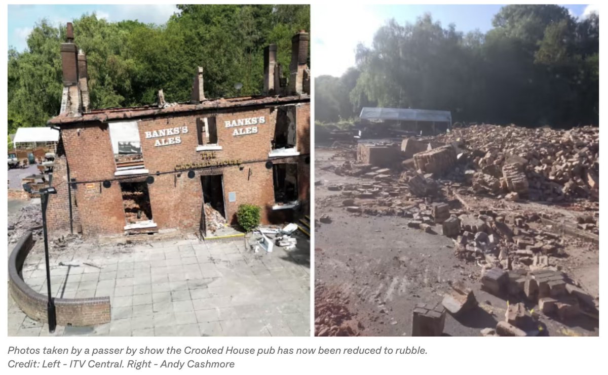 MeirionTweets's tweet photo. TIMELINE
2017                  Planning regs change you can't demolish a pub without planning permission
03/8/2022     Google Earth shows JCB &amp; dumper truck on landfill site next door
Jan 2023         Crooked House gets new roof 
March               Marstons put pub on market https://t.co/KgZmdGMGxj