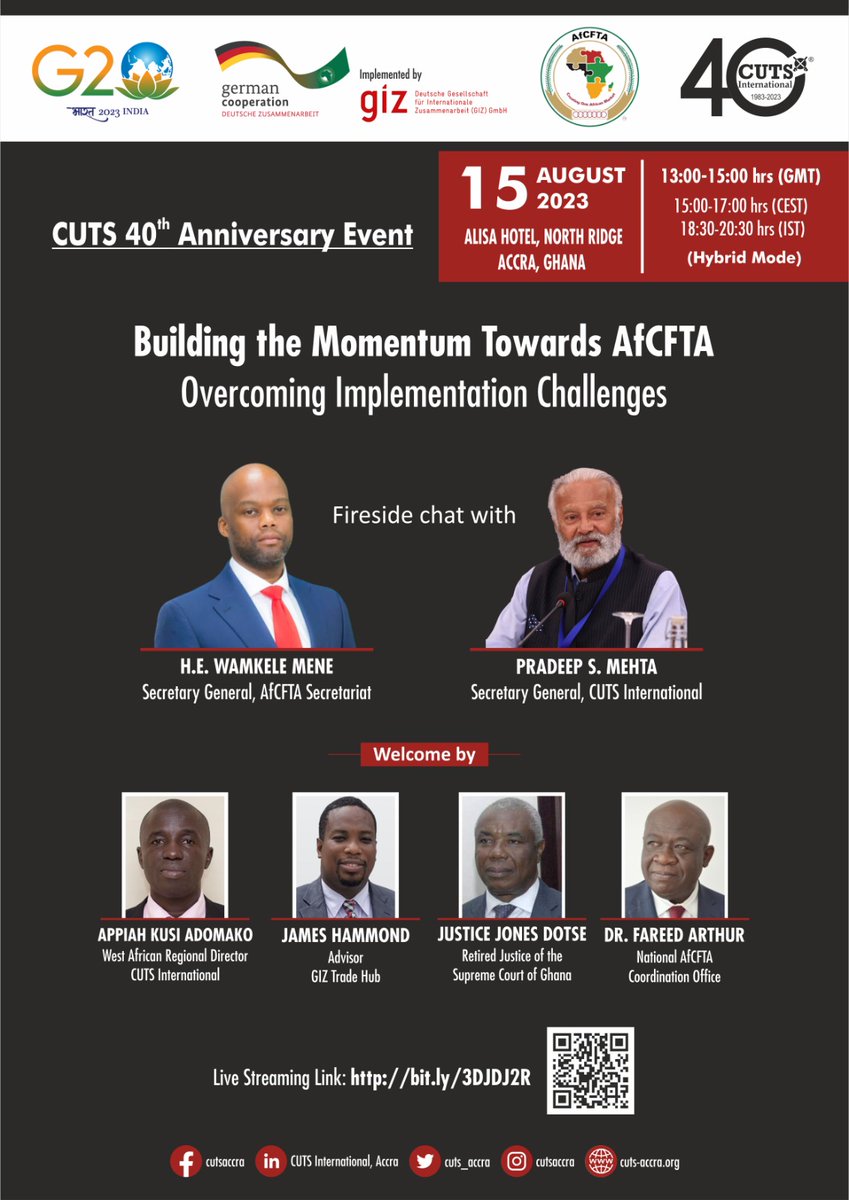 CUTS_Lusaka's tweet photo. Join us in celebrating a remarkable journey of 40 years at CUTS International.
Don't miss this fire chat session where experts, thought leaders, and change-makers unite to accelerate African economic progress.
#Trade4Change
#AFCFTAImplementation
#CUTS40thAnniversaryCelebration https://t.co/xtl2XgfPiU