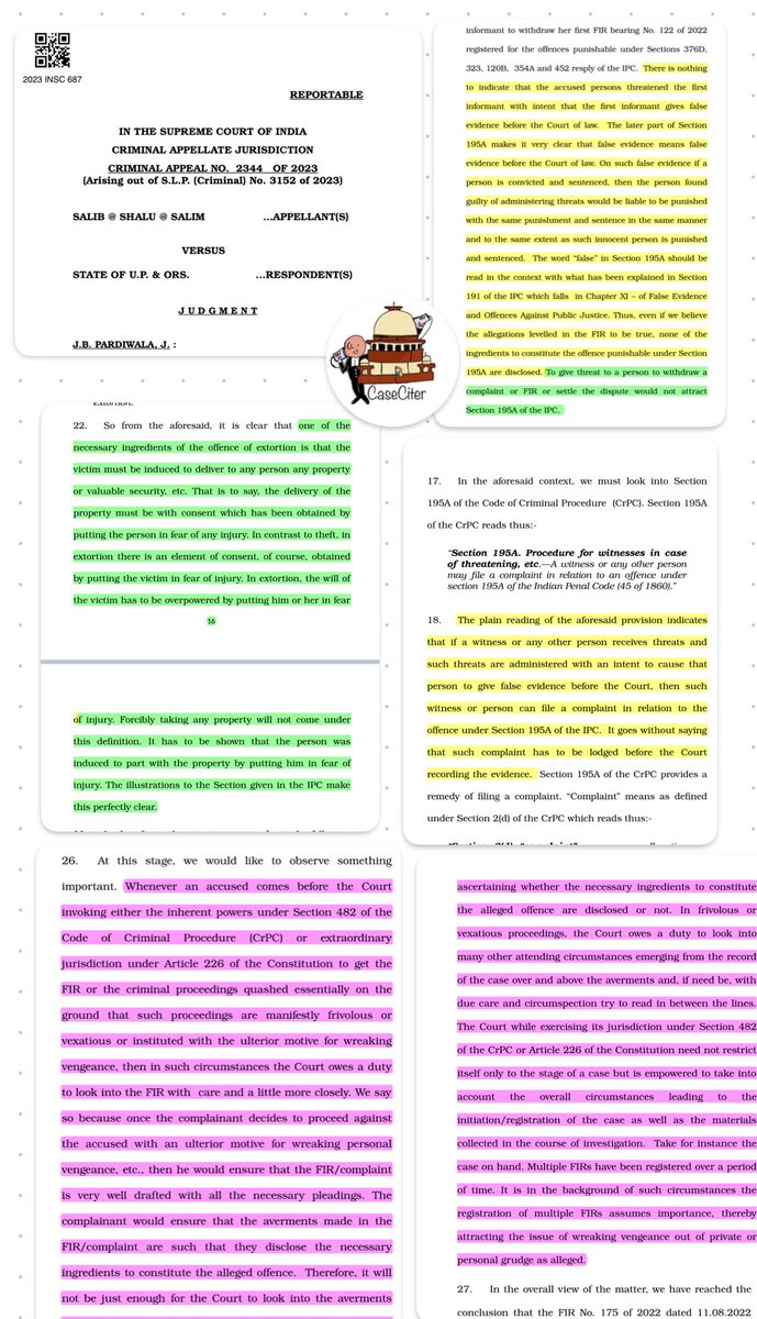 caseciter's tweet photo. Salib @ Shalu @ Salim vs State of U P | 2023 INSC 687

🟦 Section 195A IPC - Ingredients
🟨Section 386 IPC - Ingredients
🟫Section 482 CrPC - Scope

🔗https://t.co/qsivZEbM9J https://t.co/VpU9i1sRZk