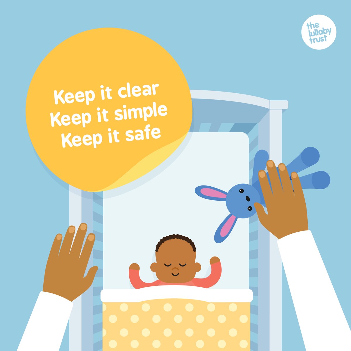 It is much safer to have a clear cot than a cute cot. Extra items in the cot could cover baby’s head, block their airways, or make them overheat, increasing the SIDS risk. Remove all non-essential items from. 
-
👉🏿 Keep it clear 
👉🏿 Keep it simple 
👉🏿 Keep it safe 
-
#SaferSleep