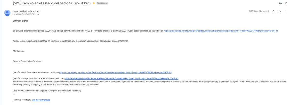 devicente92's tweet photo. @CarrefourES Estimados, no paran de llegarme mails como este junto a un SMS que dan totalmente el pego. Os informé hace tiempo sobre esto, quizás sea interesante informar a vuestros clientes de este fraude. https://t.co/oYPFGxuYUo