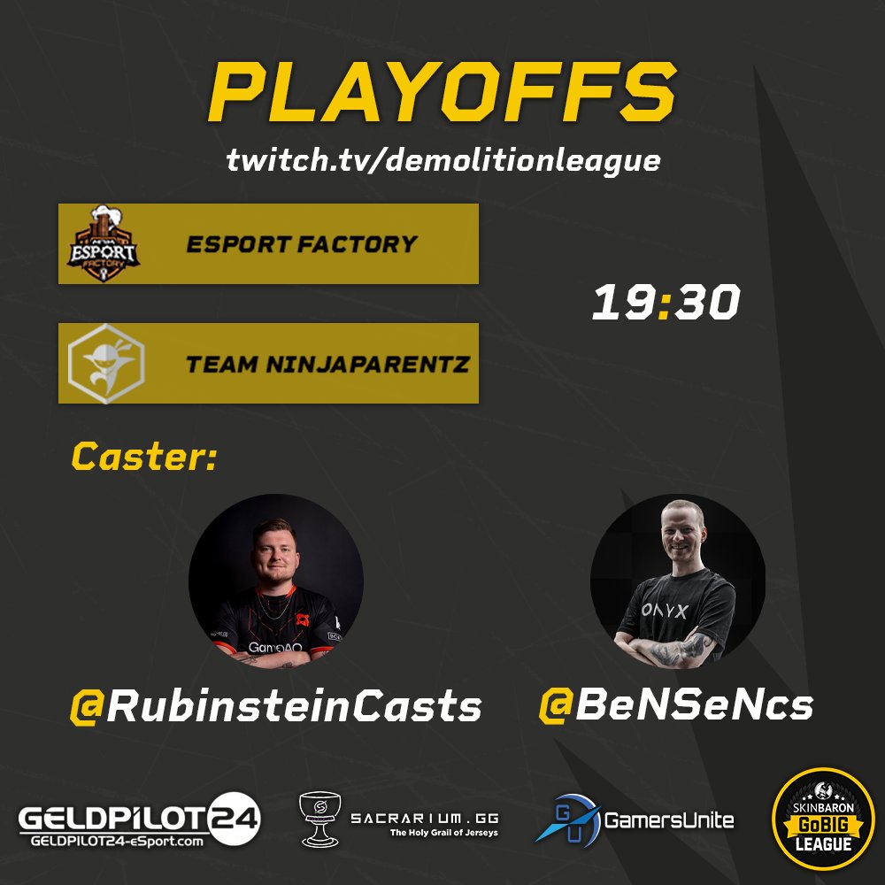DACH CS Masters (@dachcs) on Twitter photo Heute starten die #Playoffs
🏆 Achtelfinale 2
🆚 <a href="/EsportFactoryDE/">Esport Factory</a> VS <a href="/NinjaparentzG/">L3vy</a>
⏰ 09.08. 19:30
🎙️ <a href="/RubinsteinCasts/">Karl Rubinstein</a> & <a href="/BeNSeNcs/">BeNSeN</a>
📺 twitch.tv/demolitionleag…
#Demo_League Heute starten die #Playoffs
🏆 Achtelfinale 2
🆚 <a href="/EsportFactoryDE/">Esport Factory</a> VS <a href="/NinjaparentzG/">L3vy</a>
⏰ 09.08. 19:30
🎙️ <a href="/RubinsteinCasts/">Karl Rubinstein</a> & <a href="/BeNSeNcs/">BeNSeN</a>
📺 twitch.tv/demolitionleag…
#Demo_League