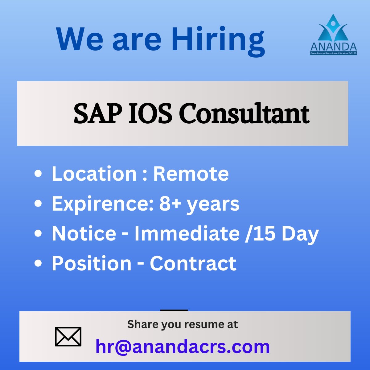 We are Hiring

Share your resume at hr@anandacrs.com,

SAP IOS

#SAPlOS #hiring #experience #remote #remotejobs #remotework #SAPMDK #SAPBTP #immediatejoiner #immediatejoiners #contact #hyderabadjobs #bangalorejobs #punejobs #chennaijobs #itjobs #softwaredeveloper