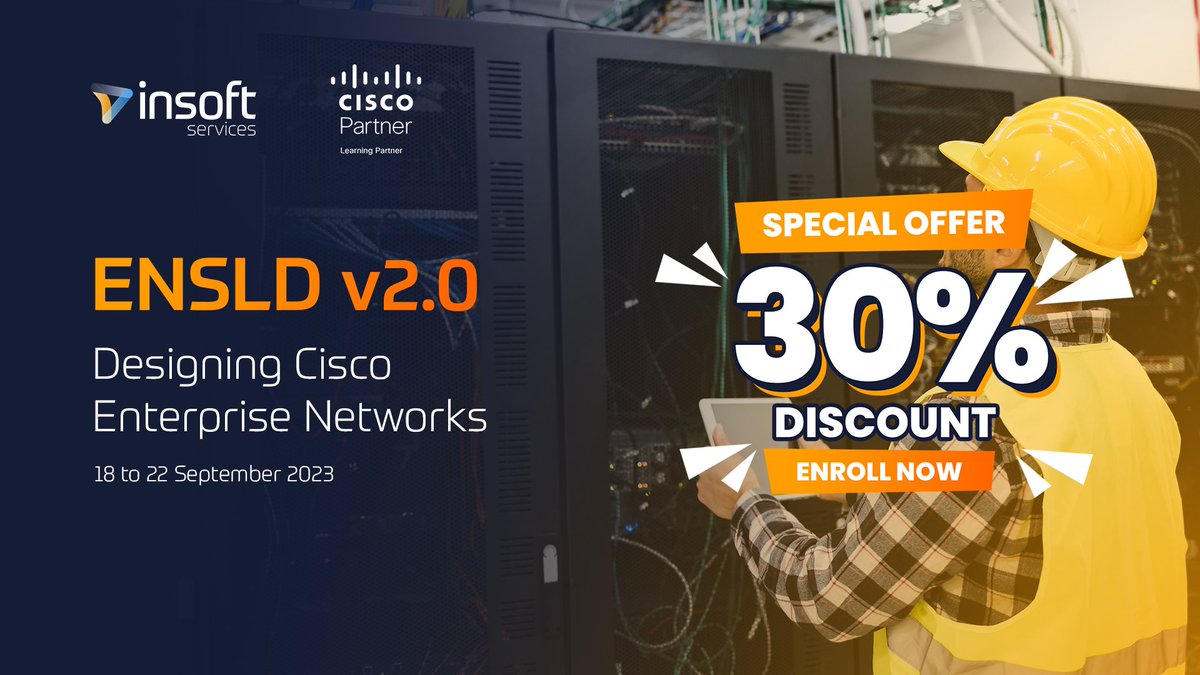 InsoftServices's tweet image. 🚀 Aspiring Network Engineers! Elevate your career with ENSLD v2.0 - Designing Cisco Enterprise Networks. 🗓️ Sept 18-22, 2023. 🎉 Get 30% OFF + use Cisco Learning Credits! Limited seats. Grab this chance NOW! 🌐 #CiscoENSLD #NetworkDesign #TrainingDiscount