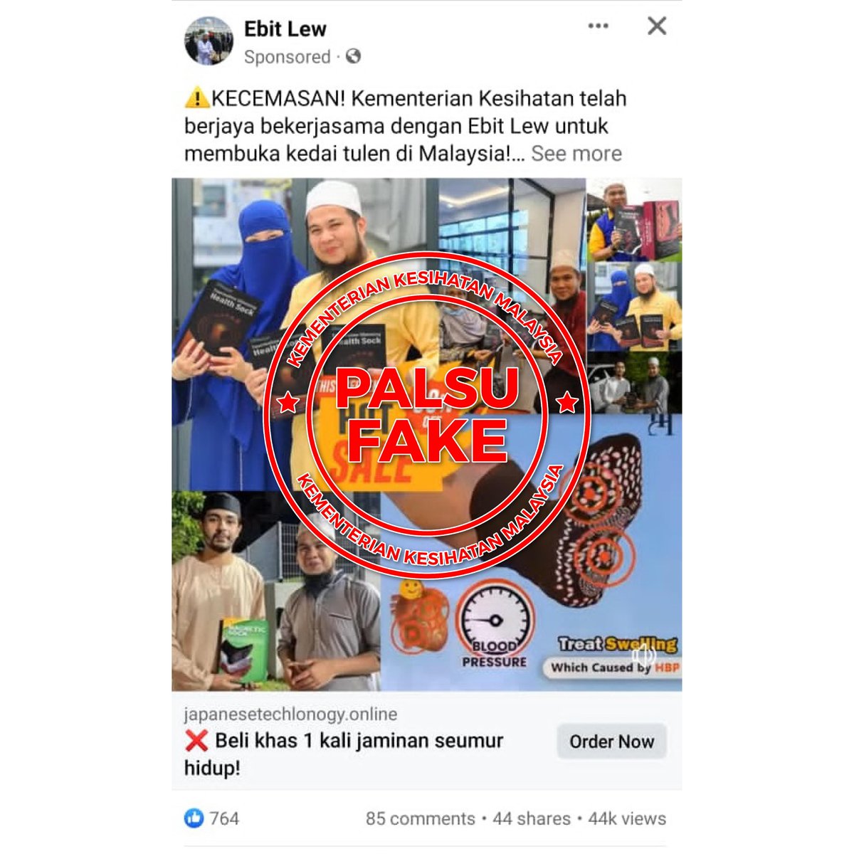 KKMPutrajaya's tweet photo. Kementerian Kesihatan Malaysia (KKM) memandang serius dan kesal terhadap penyebaran maklumat palsu dan mengelirukan yang tular di media sosial khususnya facebook berkaitan pengesahan produk kesihatan yang kononnya telah mendapat pengiktirafan oleh kementerian ini.

Ingin ditegaskan bahawa, KKM tidak pernah terlibat atau mempunyai kolaborasi bersama dengan syarikat yang menjual produk di laman https://t.co/oekdwucKrB  sebagaimana penggunaan produk yang ditawarkan oleh syarikat tersebut menerusi paparan iklan yang disiarkan.

Justeru, orang ramai adalah dinasihatkan agar menghentikan sebarang perkongsian maklumat tersebut, berhati- hati dan tidak mudah terpedaya dengan tawaran perkhidmatan dan produk yang boleh menarik minat serta emosi dengan menyemak fakta dan maklumat di platform yang dipercayai. Tindakan boleh diambil dibawah Seksyen 211 dan 233 Akta Komunikasi dan Multimedia 1998, kerana telah mengedarkan maklumat palsu yang mengandungi salah faham serta kandungan yang tidak benar dengan tujuan tertentu demi kepentingan keuntungan semata- mata.