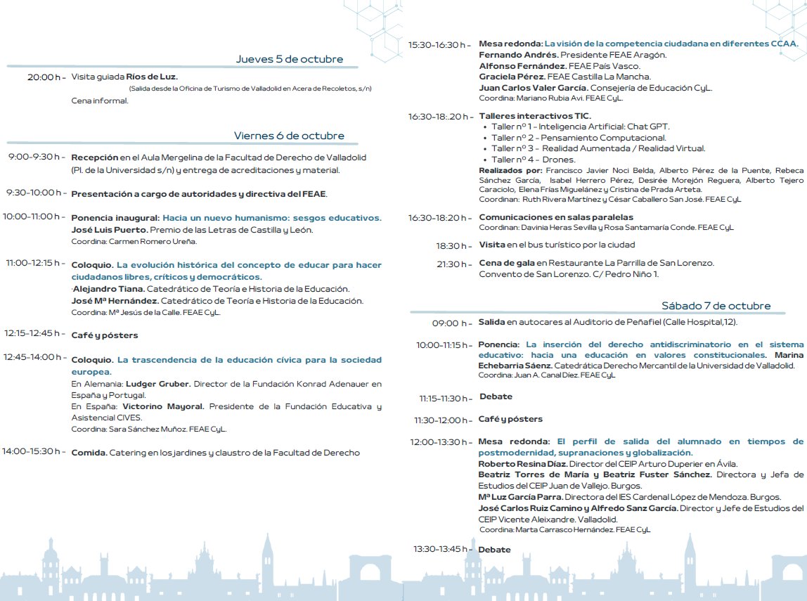 En verano descansamos y en otoño nos vemos en las XXX JORNADAS ESTATALES FEAE que se desarrollarán en Valladolid del 5 al 8 de octubre:

"LA COMPETENCIA CIUDADANA, elemento aglutinador de los aprendizajes".

Os dejamos información sobre el evento: