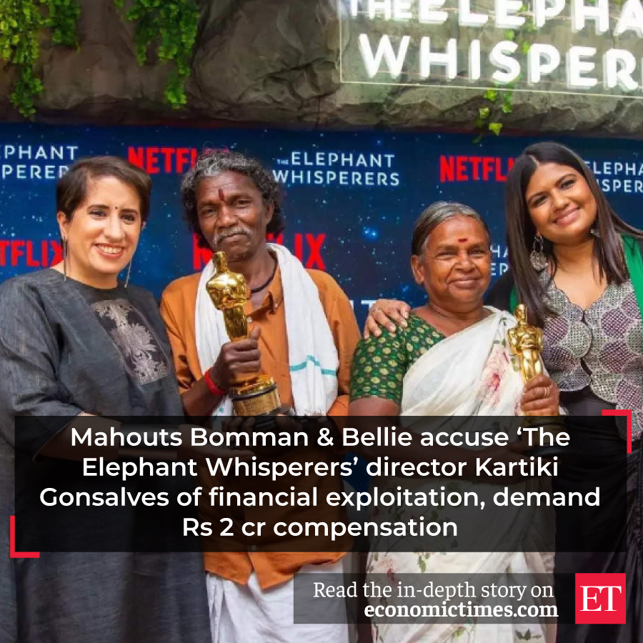 EconomicTimes's tweet photo. #ETTrends | #Bomman and #Bellie, the two tribal mahouts, who were catapulted to worldwide fame after they featured in the Oscar-winning documentary ‘#TheElephantWhisperers’, have now accused director #KartikiGonsalves of financial exploitation and demanded a ‘goodwill gesture’ of Rs 2 crore.
The two mahouts claimed that they were subjected to several dire situations during the shooting of the movie and had to spend a large amount of money to cover shooting expenses.
Full Report | https://t.co/u8oVdhp7LO
