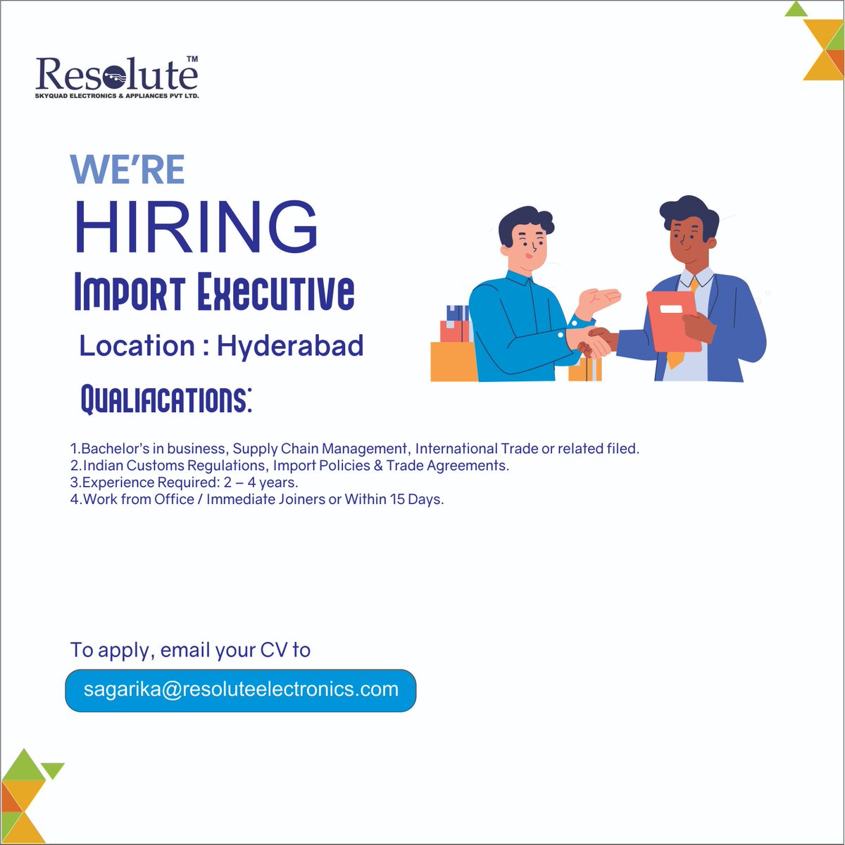 Radiantskyworth's tweet photo. Are you looking to join our team as an Import Executive? Then here is a wonderful opportunity waiting for you.
Apply now by sending your CV / Resume to sagarika@resoluteelectronics.com
#importexecutive #hiring #jobalert #agile #adaptive #savvy https://t.co/xPR3DOHyn0