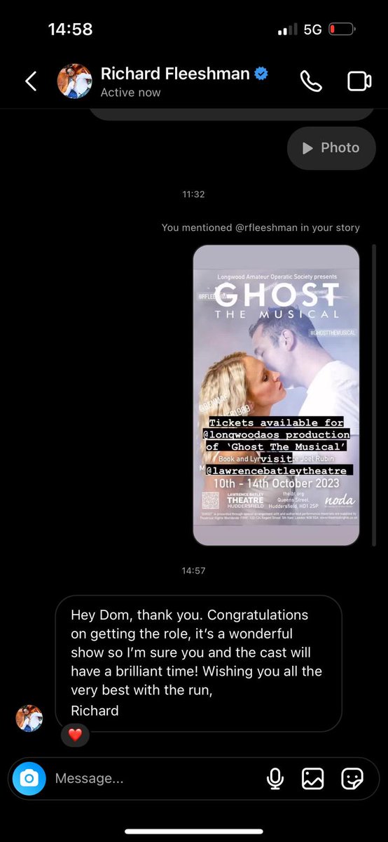 LongwoodLAOS's tweet photo. Our very own Sam Wheat has been contacted by Richard Fleeshman to wish him all the best for our upcoming production of Ghost The Musical in October 👻

Richard was the original Sam Wheat when the show opened on the West End in 2011.
https://t.co/SyzBgnrHDA https://t.co/k4eLarHzDp