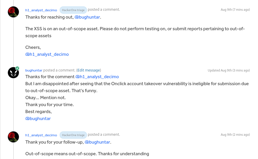 bughuntar's tweet photo. Onclick Account Takeover is informative due to out-of-scope assets. That's funny...😁😆 https://t.co/zgJLsla8TN
