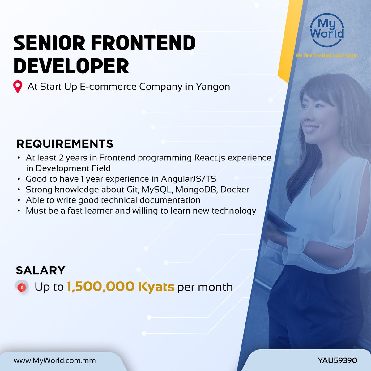 MyWorld_Myanmar's tweet image. Hiring in #Yangon

Position - ​​​​​​#SeniorFrontendDeveloper at Start-Up E-commerce Company
Salary - 1,500,000 Kyats
#Job Link - tinyurl.com/48xvb955
Email - support@myworld.com.mm

#vacancies #jobs #JobOpportunity