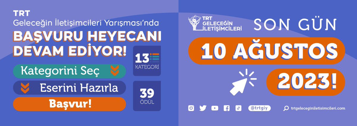 TRT Geleceğin İletişimcileri Yarışması'na başvuru için SON 1 GÜN!

Senin de Radyo Yayıncılığı, Görsel Yayıncılık, Dijital Yayıncılık ve İletişim Kampanyası alanlarında bir eserin varsa 10.08.2023 (yarın) başvuru için son gün.

trtgeleceginiletisimcileri.com