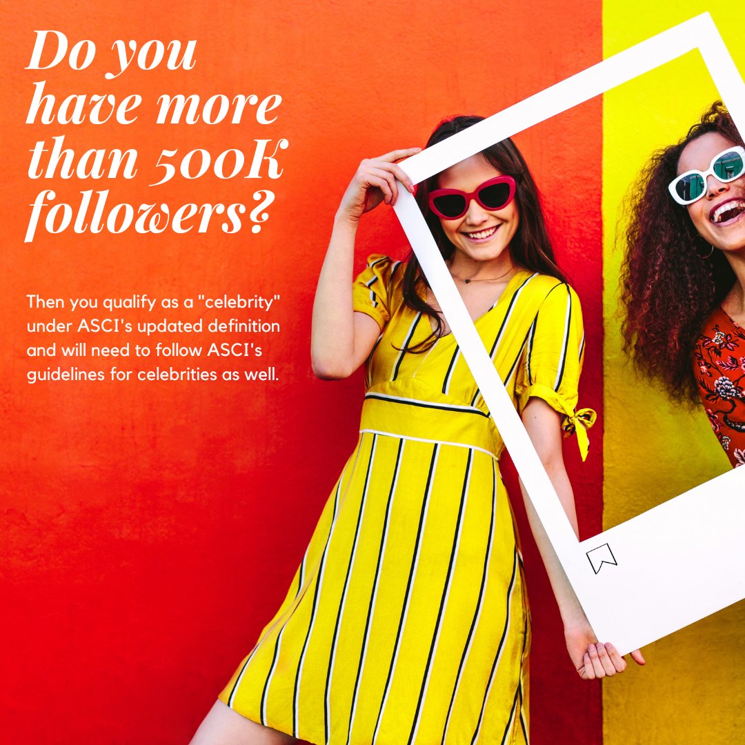 More influence, more responsibility! If you have more than 500K followers on any one social media platform, you qualify as a celebrity and ASCI's celebrity guidelines are applicable to you. 
Read the complete guidelines - ascionline.in/wp-content/upl…

#Celebrity #Advertising #ASCI