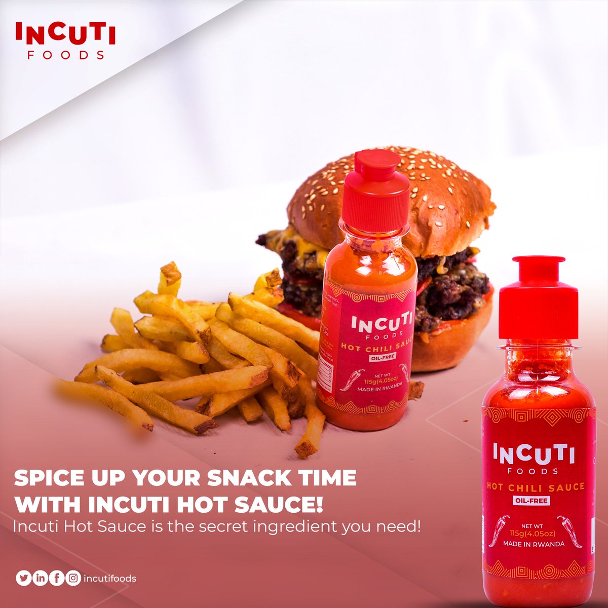 Craving a spicy snack?
Grab some fries & Burger and drizzle on our Hot Sauce for a flavor-packed experience that will leave you wanting more! 🌶️x🍟x🍔=😋

#incutifoods #madeinrwanda #chilisauce