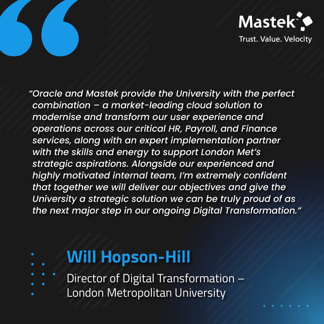Mastek is thrilled to partner with @LondonMetUni to deliver @Oracle #Cloud Solutions.
This back-office transformation will help London Met to gauge the efficiency of every business function.
Learn more mastek.com/pressreleases/…
#oracle #publicsector #ukpublicsector