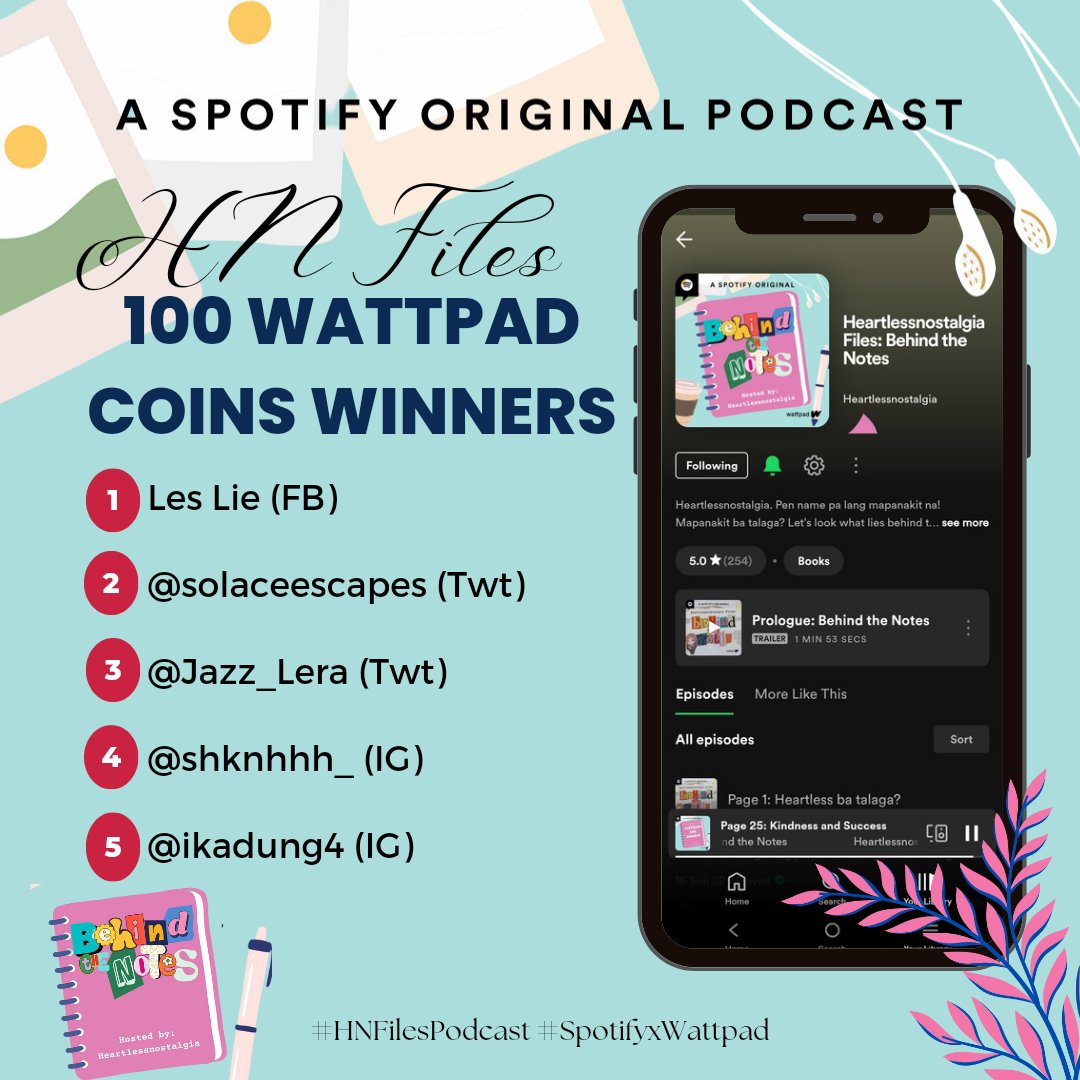 heartlessN_wp's tweet photo. Hello! #HNFilesPodcast weekly and 100 Wattpad Coins giveaway! Congrats to all our winners!
Kindly fill up this form to claim your prize.
https://t.co/Dysi5HL6Rp
#HNFilesPodcast #SpotifyxWattpad
Grand giveaway mechanics:
https://t.co/AmHeli4sLJ https://t.co/EAKlGW6q7t
