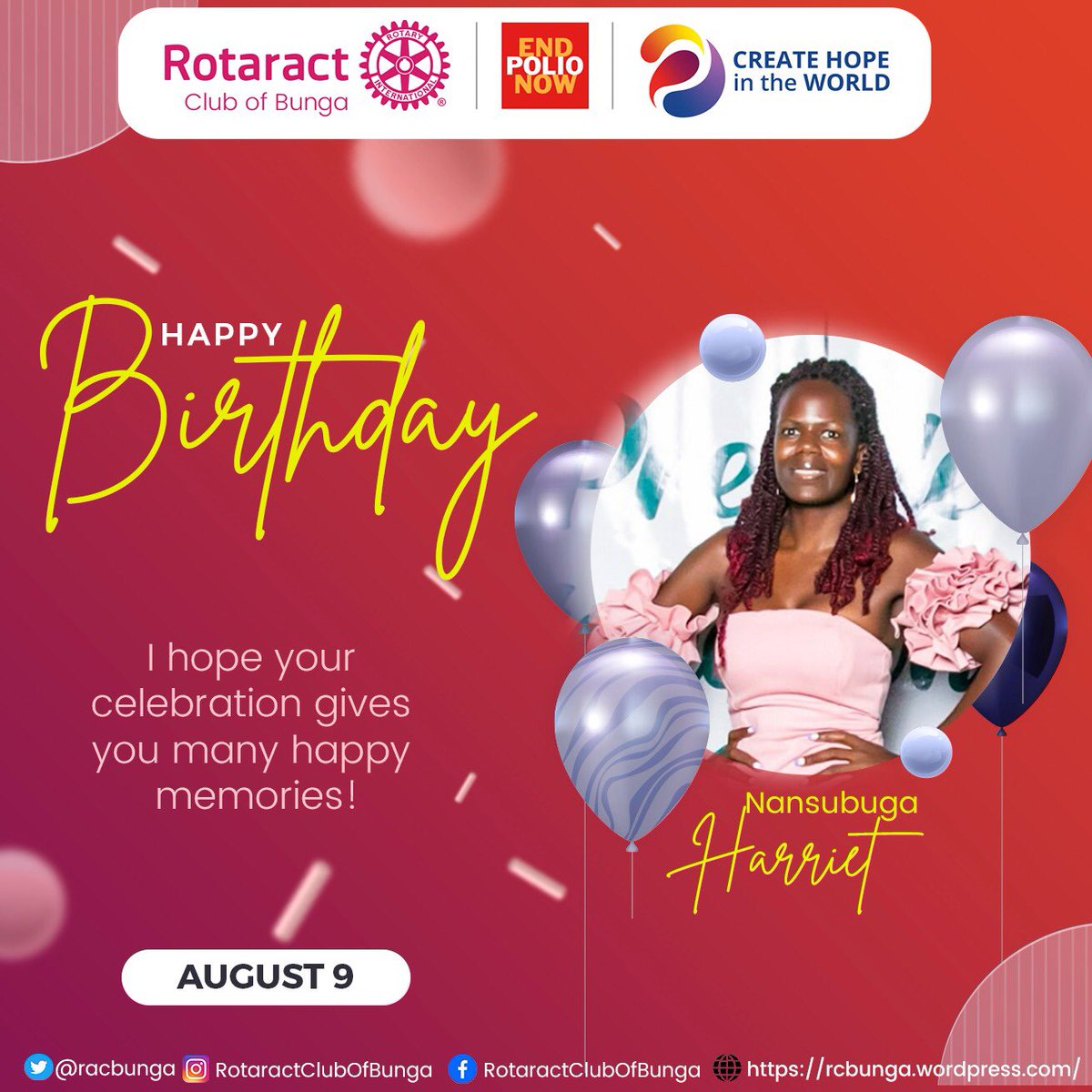 racbunga's tweet image. Happy birthday to this amazing #Vibesetter Harriet Nansubuga.
Rotaract Bunga appreciates your effort and commitment towards #CreatingHopeintheWorld
Be blessed 🙏