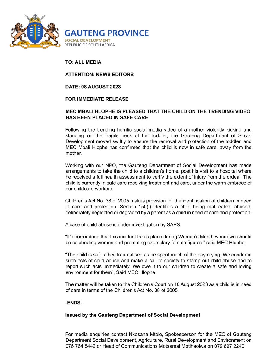 Mr_MiKaDo_'s tweet photo. Following the trending horrific social media video of a mother violently kicking and standing on the fragile neck of her toddler, removal and protection of the toddler was made. 🥺🥺 THANK YOU, LORD 👏👏🙏🙏

#Nthabiseng Cyan Boujee | Prince Kaybee | Lewandowski | Thabo Bester https://t.co/qbxqX7vNqW