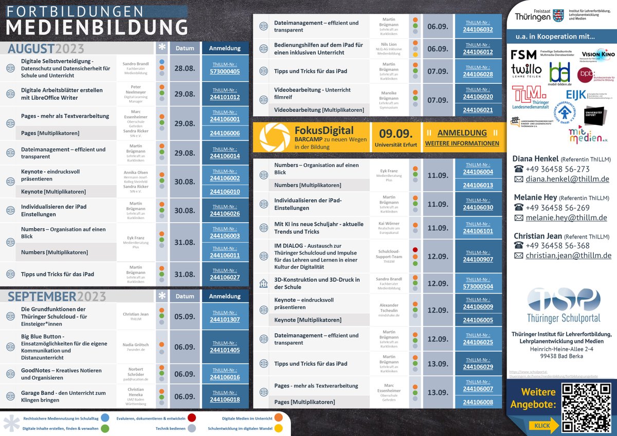 Th_Schulportal's tweet photo. Zentrale Fortbildungsangebote zur Medienbildung + regionale Fortbildungsangebote der Fachberaterinnen &amp; Fachberater für Medienbildung: 
https://t.co/Onrh4dM2mQ

Angebote bis Dezember 2023 (Auszug):
https://t.co/8fQkljIr9c
https://t.co/bsN5RFsmAn
(Pdf-Versionen der Vorschaubilder) https://t.co/Y2mXwHvFXh