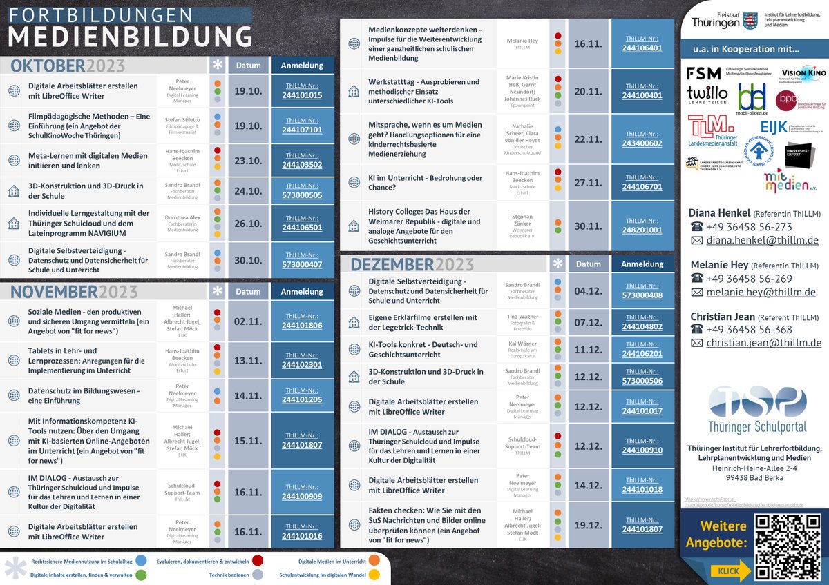 Th_Schulportal's tweet photo. Zentrale Fortbildungsangebote zur Medienbildung + regionale Fortbildungsangebote der Fachberaterinnen &amp; Fachberater für Medienbildung: 
https://t.co/Onrh4dM2mQ

Angebote bis Dezember 2023 (Auszug):
https://t.co/8fQkljIr9c
https://t.co/bsN5RFsmAn
(Pdf-Versionen der Vorschaubilder) https://t.co/Y2mXwHvFXh