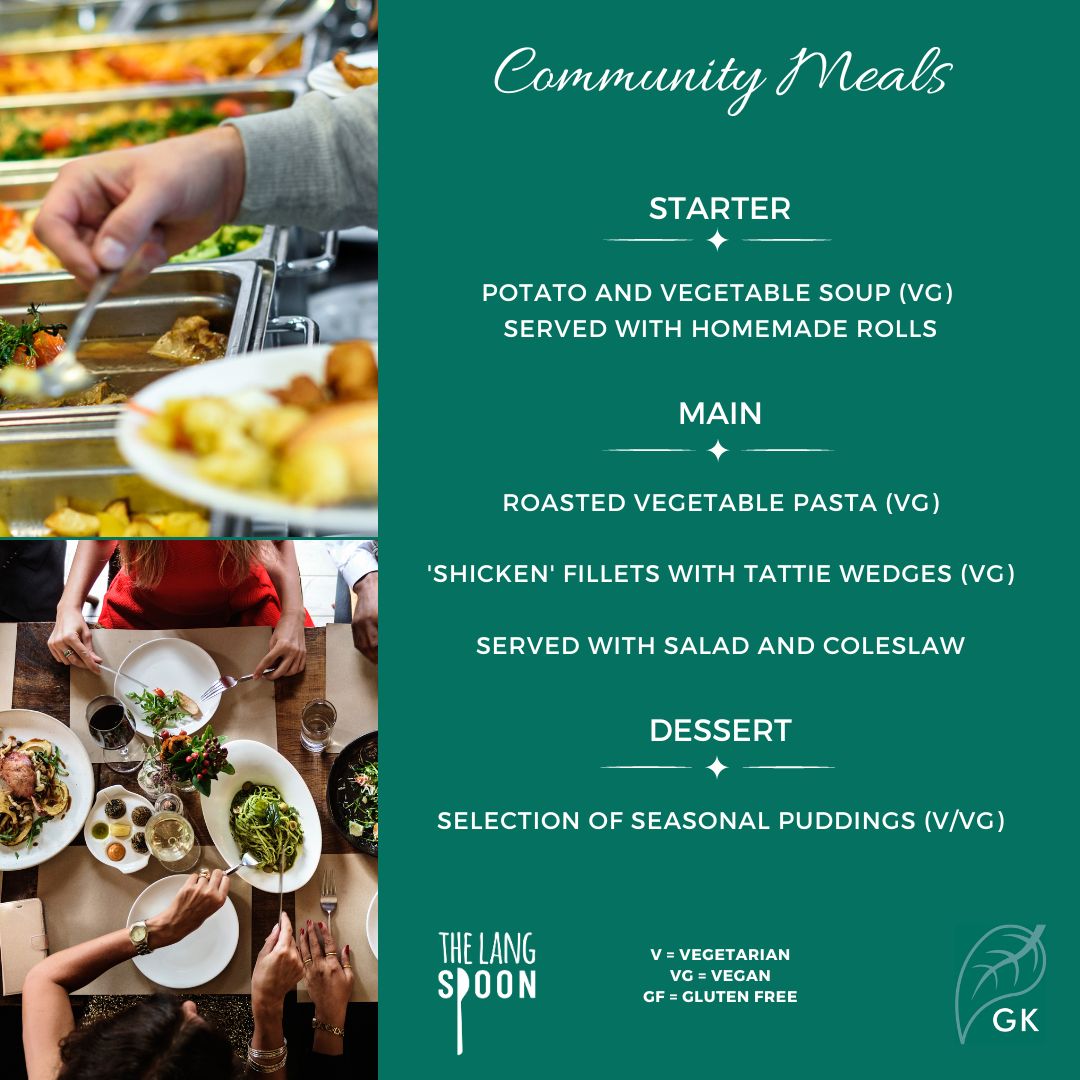 We have a tasty looking menu once again for tonight's Community Meal. As always there is no booking required, just pop in at 4:30pm or 5:30pm and pay what you feel for your meal.

Please note there will be no Community Meal next Wednesday 16th August. 1/2