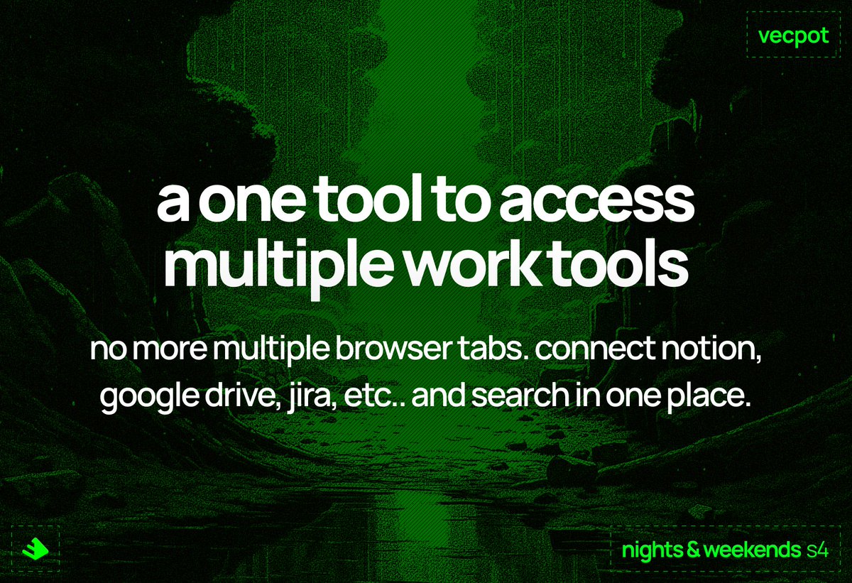 jace_park98's tweet image. I hate opening multiple browser tabs for each work tool when I work. Switching to Notion, Google Drive, Jira, etc... is annoying.
Now building vecpot.com to search and access in one place.
What do you think?
cc @_buildspace @_nightsweekends