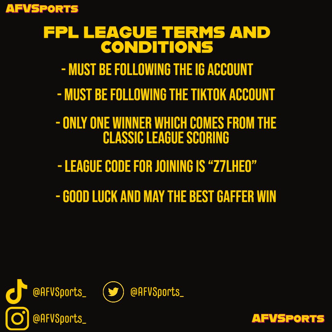 AFVSports_'s tweet photo. Join the AFVSports FPL League! Follow the rules and good luck! Code is “Z7LHEO” 
#FPL #afvsports #FPLCommunity #PremierLeague #FantasyPremierLeague #FPLExtraTime https://t.co/axPtZTR4Bl