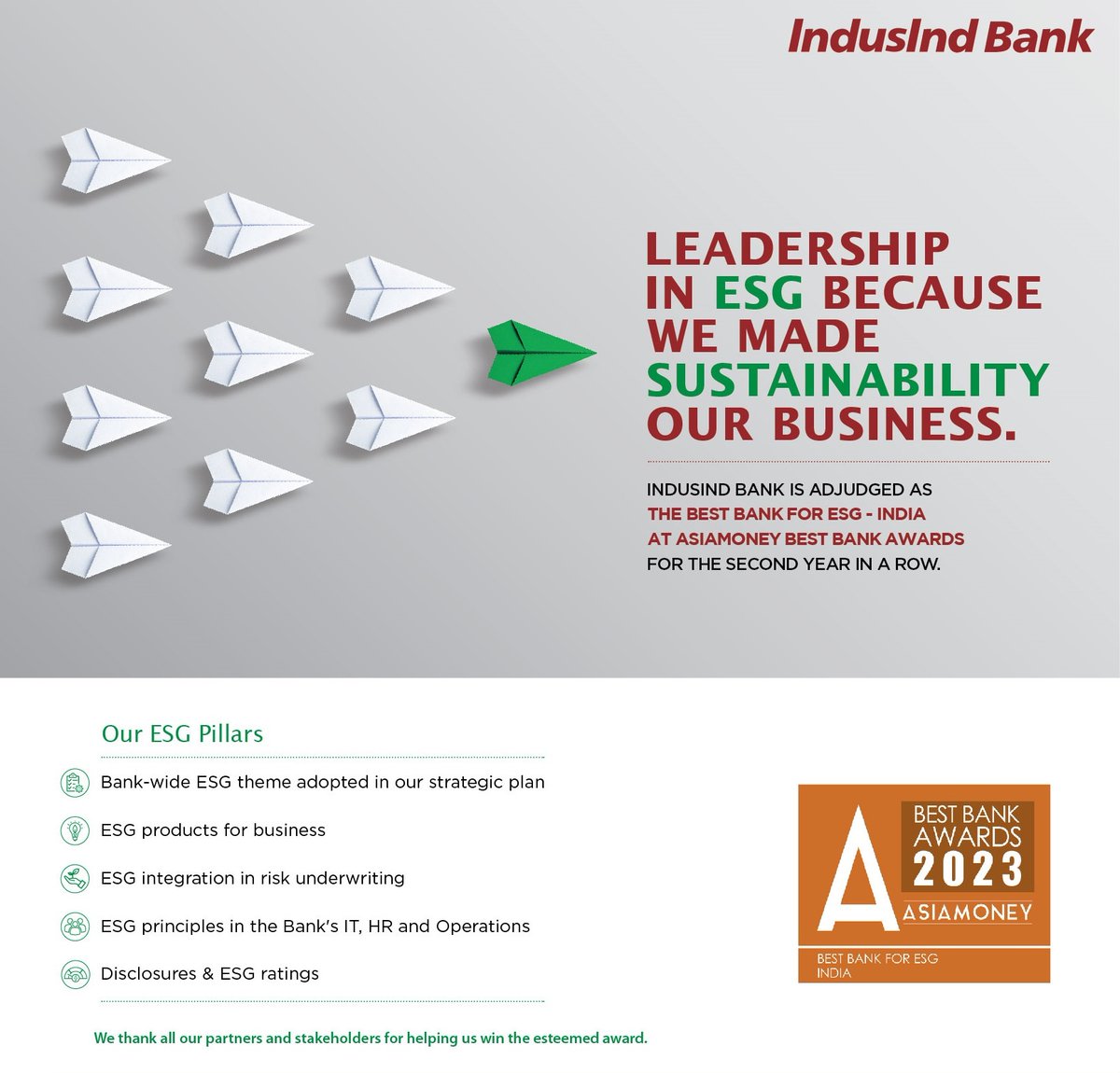 MyIndusIndBank's tweet photo. A proud moment for IndusInd Bank as we have been recognized as the โBest Bank in India for ESG-FY2023โ by Asiamoney for the second consecutive year. This recognition reaffirms our commitment to sustainable banking and ESG practices. #SustainableBanking #ESGLeaders #ESGExcellence https://t.co/5WZ0lRekM1