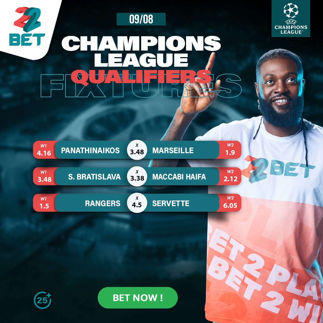 22BET_Uganda's tweet photo. 🏆UCL Qualification🚀

📌Rangers, Marseille &amp; Maccabi Haifa will be battling to leap close to getting into the Champions League.

Catch the #BestOdds here 📲 https://t.co/XVbrT5aiBo

#UCLQualification #22BetUganda https://t.co/RzgwF78Chw