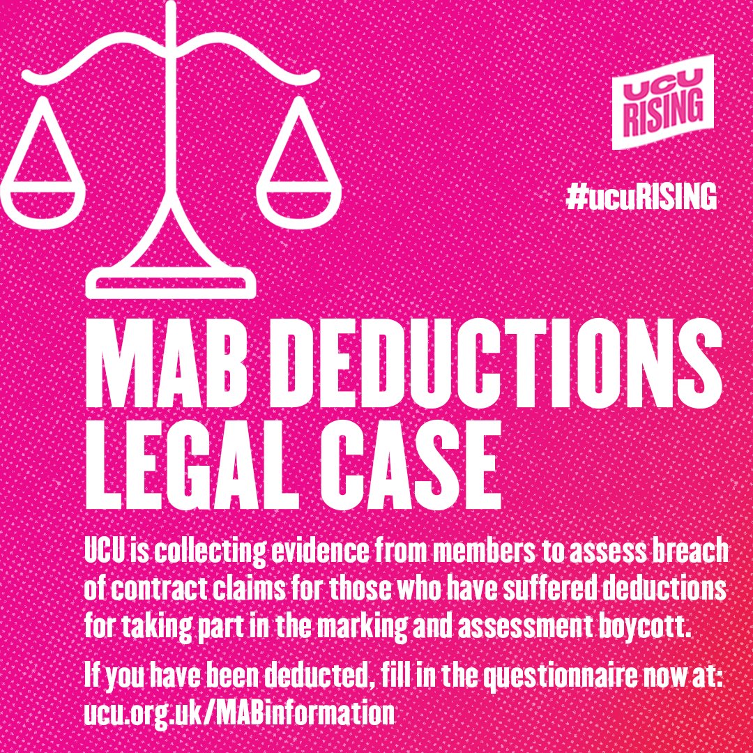 If you've suffered deductions from your salary for taking part in the marking and assessment boycott please complete this questionnaire.

ucu.org.uk/MABinformation

We will use the information to assess whether we have enough to pursue a breach of contract claim.

#ucuRISING