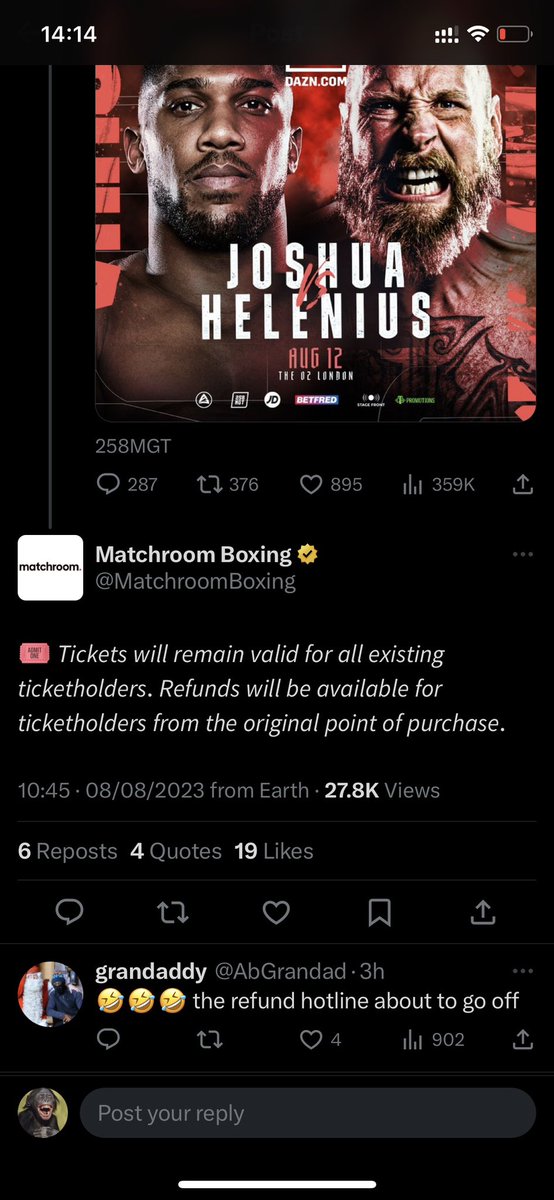some1gottatellu's tweet photo. @AXS_UK @dingwallslondon How can I get a refund for the cancelled Dillian Whyte Vs Anthony Joshua fight? https://t.co/AoIzDQ7aQL