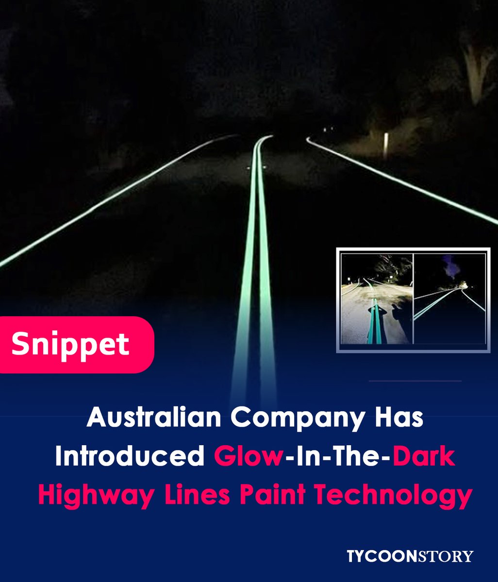 TycoonStoryCo's tweet photo. An Australian company has developed glow-in-the-dark highway paint technology.
#GlowInTheDarkPaint #RoadSafety #InnovationAustralia #SustainableTech
#GlowInTheDarkHighways #InnovationOnRoads #SafetyFirst #line #roadsafety #darkpaint #glow #safety #project https://t.co/V6WsfDeG2u