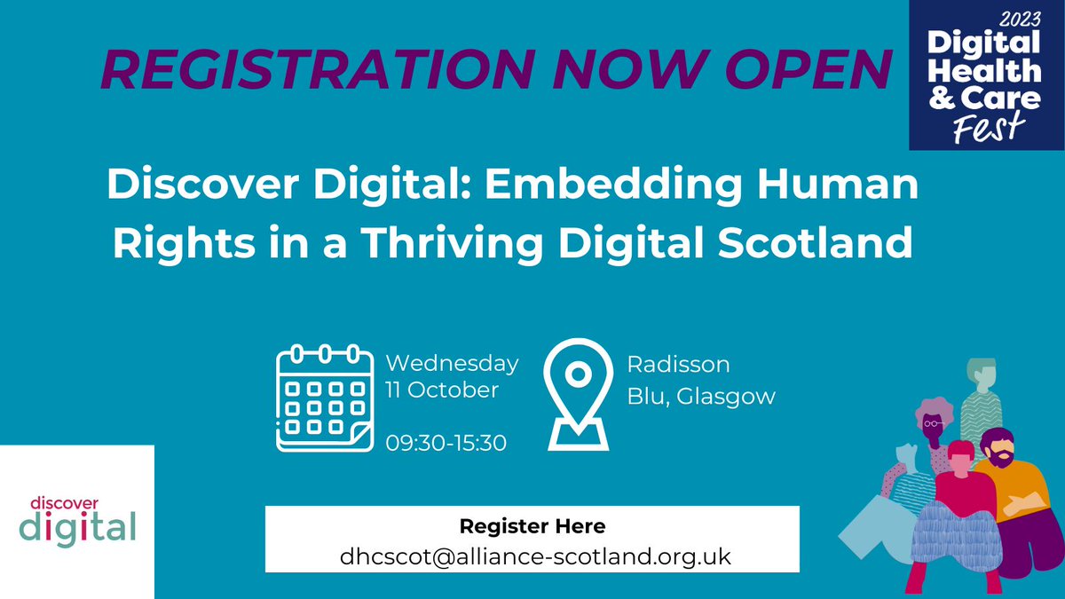 DHCScot's tweet photo. 🗣️We are holding a #DiscoverDigital event
'Discover Digital: Embedding Human Rights in a Thriving Digital Scotland' for #DigiFest23 on Wednesday 11th October from 09:30am to 15:30pm.

📍Radisson Blu, Glasgow

📧Email to register⬇️
dhcscot@alliance-scotland.org.uk https://t.co/jNsqoonGUD