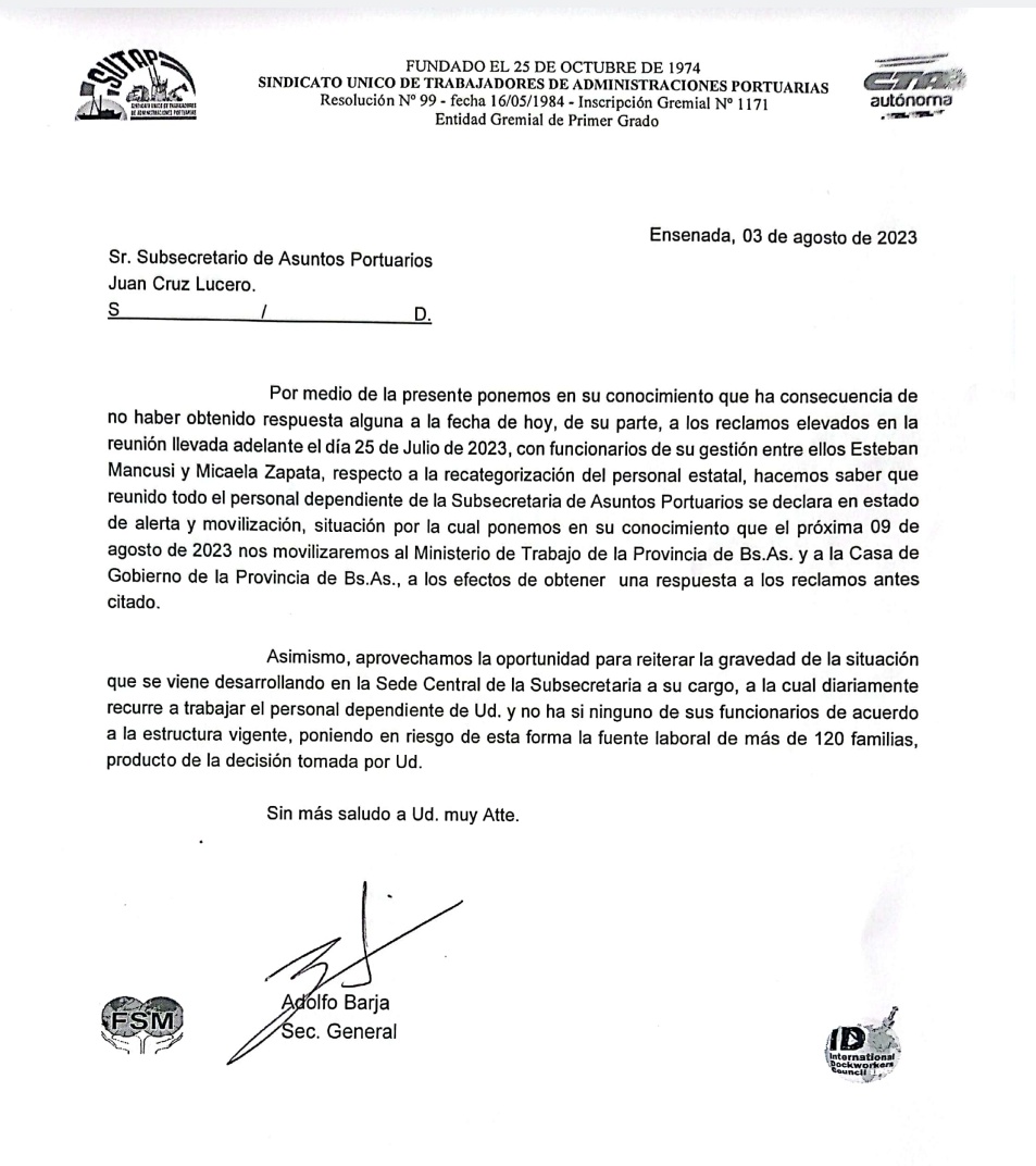 SutapPLP's tweet photo. Trabajadores de  Subsecretaria de Asuntos Portuarios se declaran en estado de alerta y movilización,  al Ministerio de Trabajo de la Provincia de https://t.co/MjROZ5ivkF. y a la Casa de Gobierno de la Provincia de Bs As! https://t.co/Zj6CVMmKbK