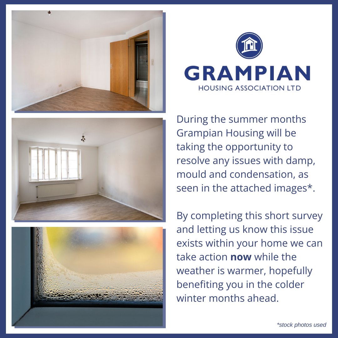 ❗️ IMPORTANT MESSAGE TO ALL GHA TENANTS

Please take a couple of minutes to respond to our survey about damp and mould!

The survey will be sent to you by text/email next week (14 – 18 August 2023)

#GrampianHA #TenantInfo #DampMould #Survey #TenantEngagement